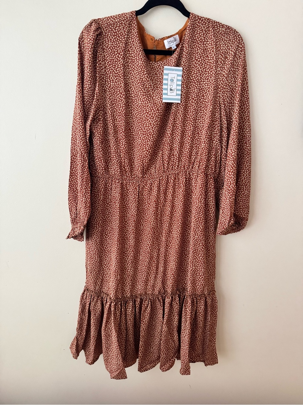Long Sleeve Rust Printed Ruffle-Hem Dress by Tulip B